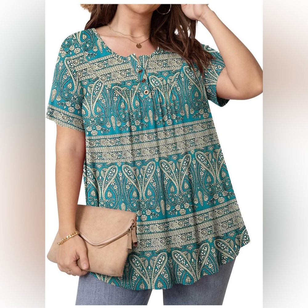 Women's Button Henley Casual T Shirt V Neck Short Sleeve Pleated Blouse large